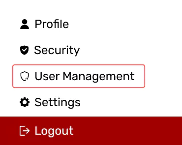 User interface menu with options: Profile, Security, User Management, Settings, and Logout.