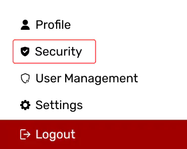 Menu interface with options: Profile, Security (selected), User Management, Settings, and Logout