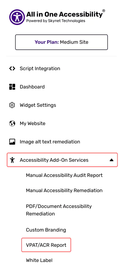 All in One Accessibility dashboard with add-on services, custom branding, and settings menu