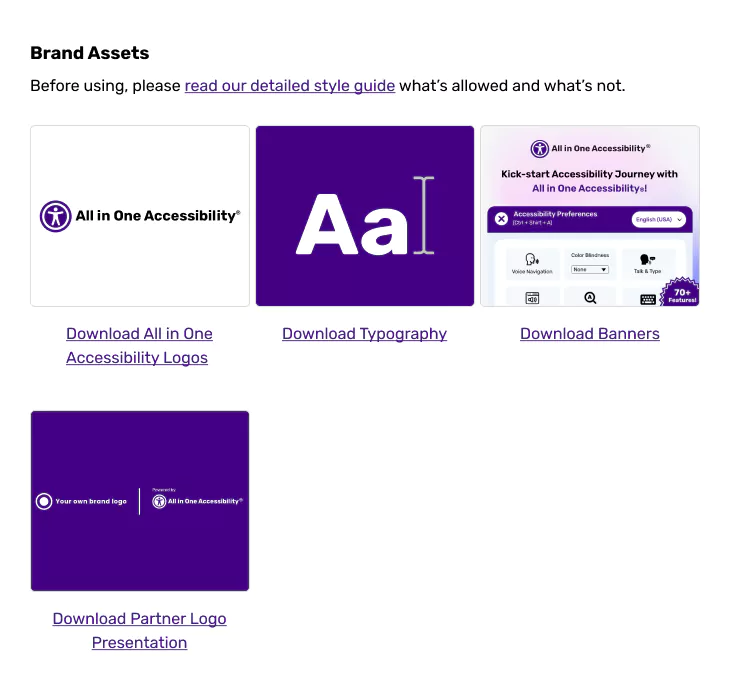 All in One Accessibility brand kit with logo, typography, banners, and partner templates.