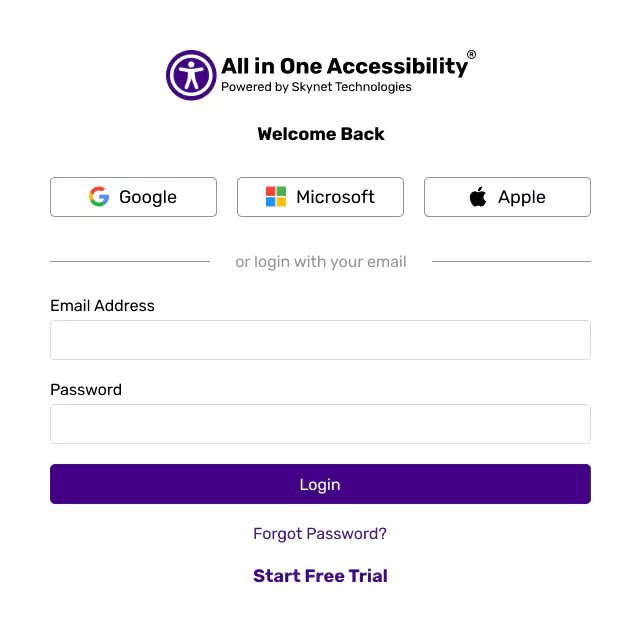 All in One Accessibility login page with multiple sign-in options.