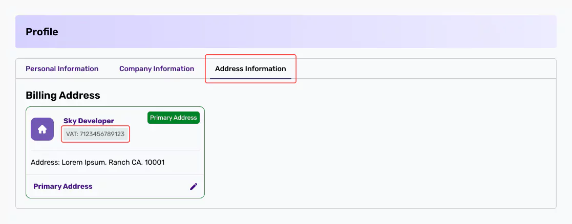 Add or update VAT number in Address Information