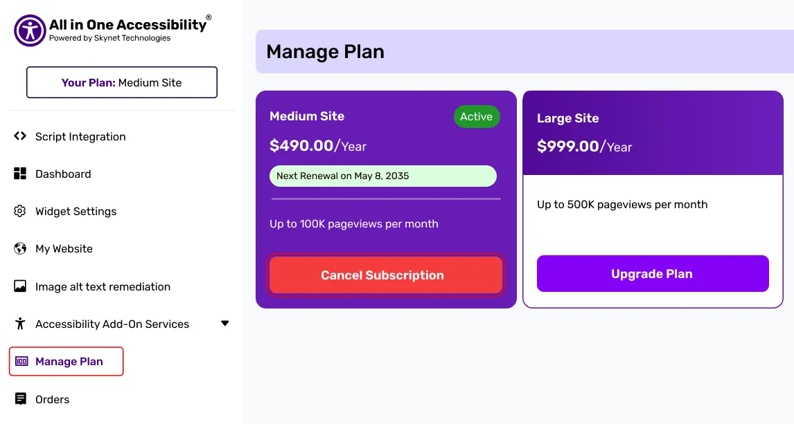 Cancel subscription in Manage Plan dashboard