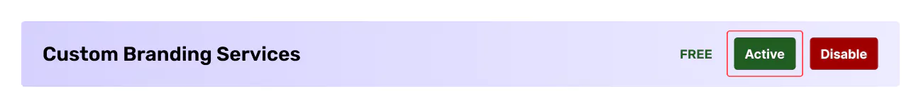 Custom Branding Services page showing active status and service controls