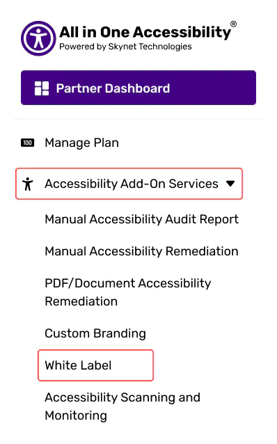 All in One Accessibility menu with Manage Plan, Accessibility Add-On Services, and White Label options highlighted.