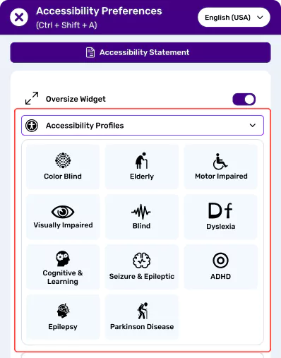 Accessibility preferences menu with profiles for color blindness, dyslexia, and motor impairments