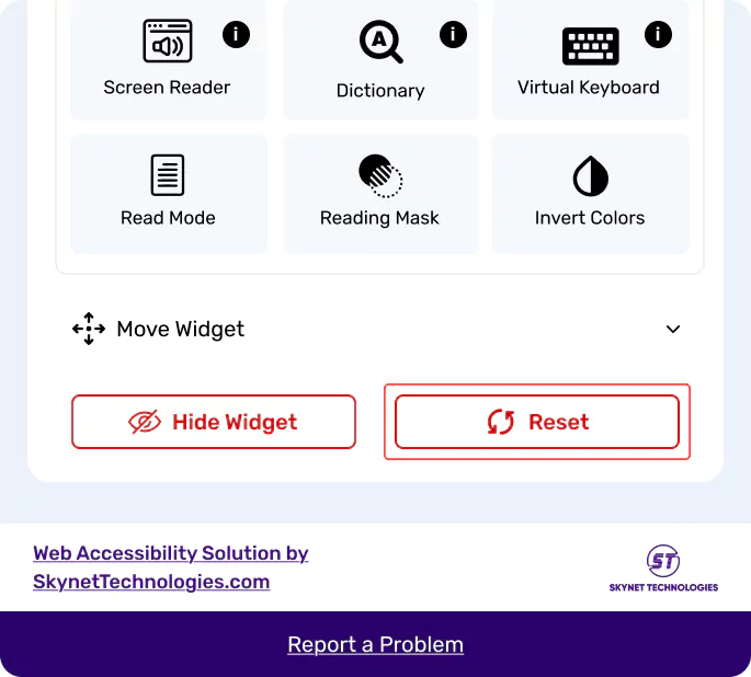 Web accessibility tools interface with screen reader, dictionary, and virtual keyboard options.