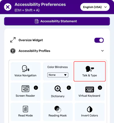 Accessibility preferences menu featuring Voice Navigation, Color Blindness, and Talk & Type options.