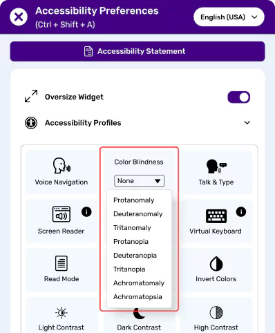 Accessibility menu with color blindness settings and navigation tools