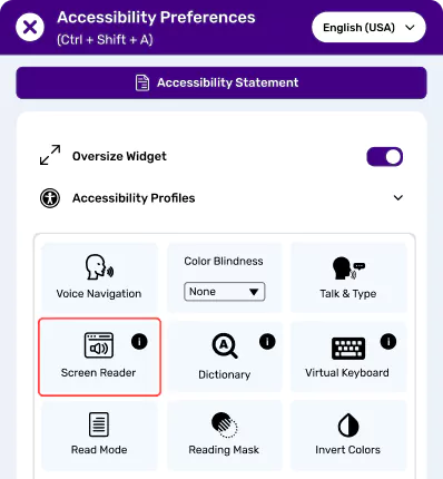 Accessibility preferences menu with screen reader, voice navigation, and color-blindness settings.