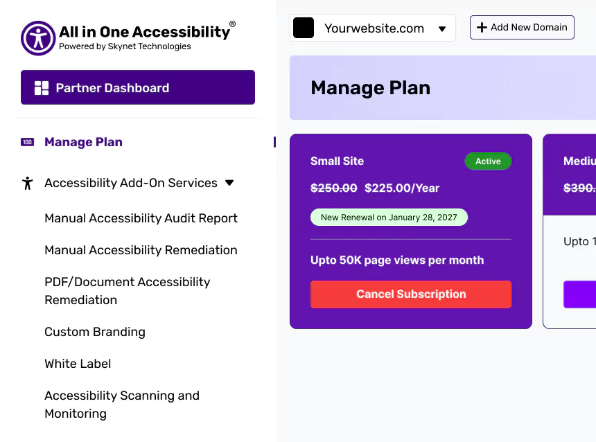 User dashboard with site plan information, pricing, and renewal date