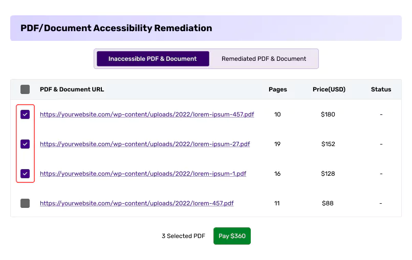 PDF accessibility remediation dashboard showing selected PDFs, costs, and pay button.