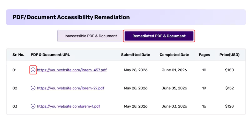 Remediated PDF accessibility dashboard with accessible document downloads and completion status.