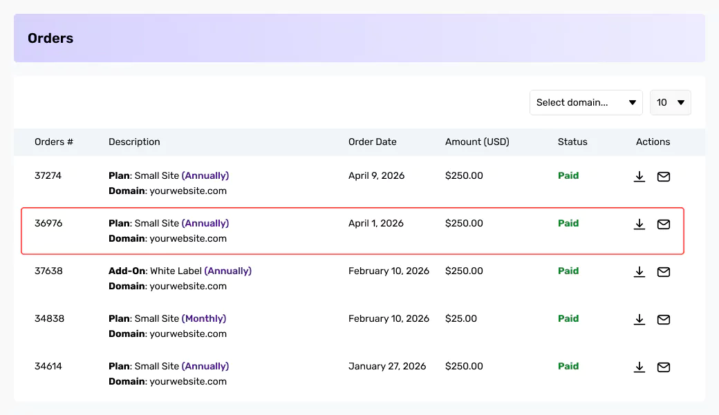 Choosing an order or license purchase from the list