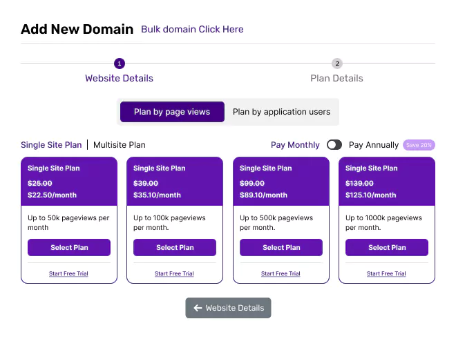 Subscription plans for single-site domains with monthly or annual billing