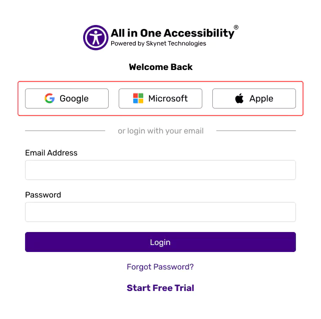 All in One Accessibility Login Interface with Google, Microsoft, Apple, email sign-in, and password recovery options.
