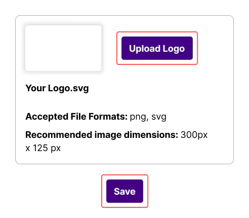 Logo upload interface with file specifications and save option