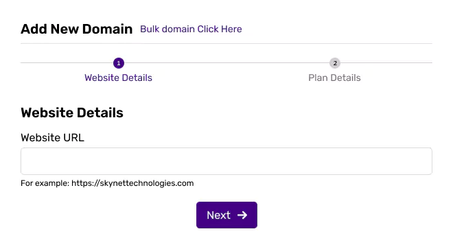 Website details form for adding a new domain with URL field and Next button